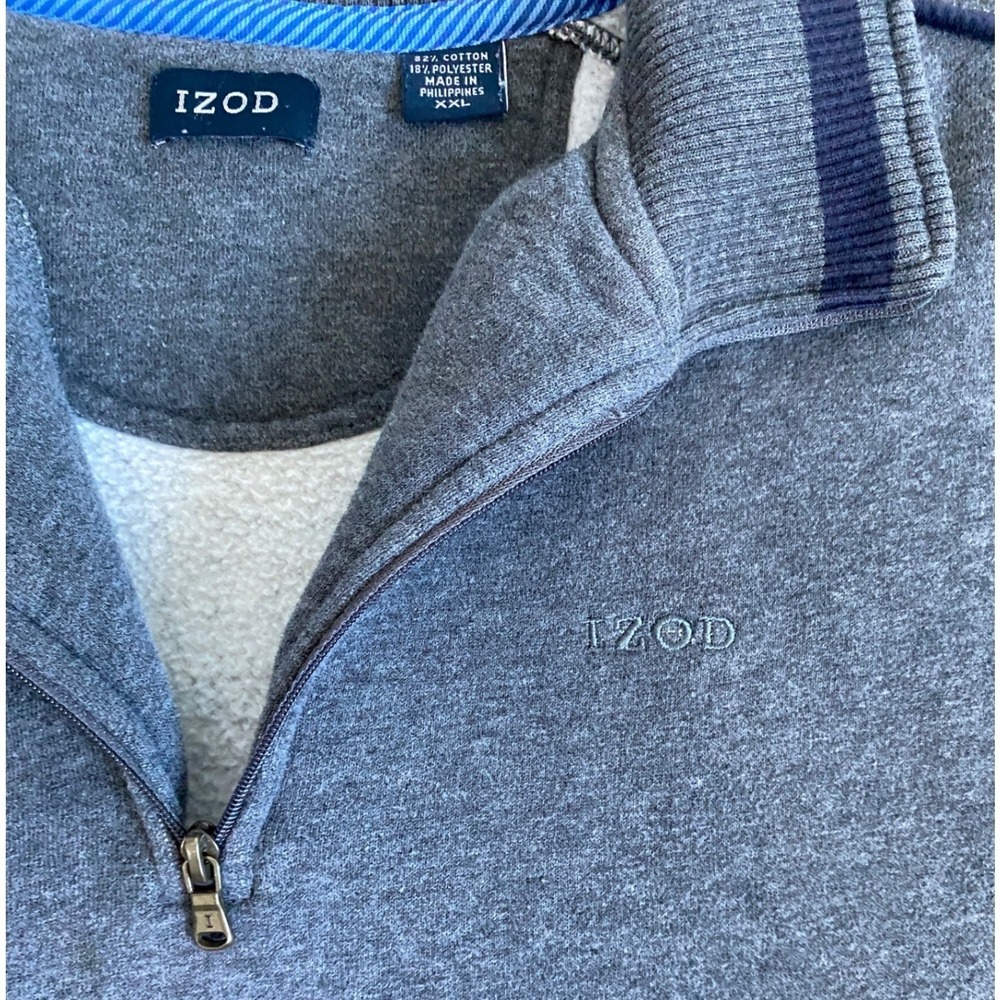 IZOD Mens XXL Gray Navy Piped Fleece Quarter Zip Pullover Sweatshirt - Picture 2 of 10